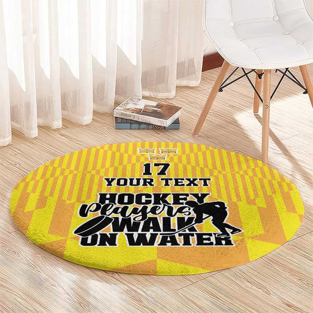 Round yellow hockey carpet rug with '17 YOUR TEXT' and 'HOCKEY Players Walk On Water' print