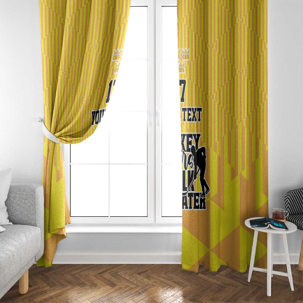 Yellow hockey curtain pair with hanging loops, number 17, and player silhouette