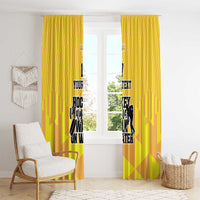 Yellow hockey curtain panels with hanging loops and player silhouette, number 17, custom text