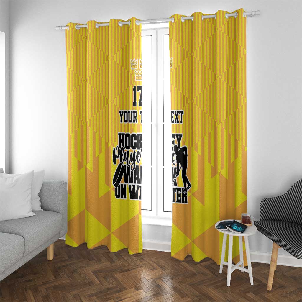 Yellow hockey window curtain set with hanging loops and number 17 custom text