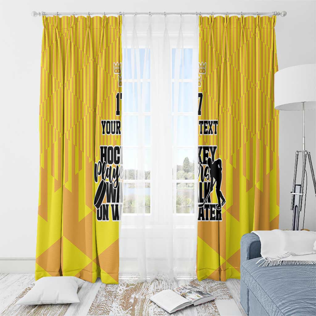 Yellow hockey curtain panels on rod with crown, player silhouette, and custom text, number 17