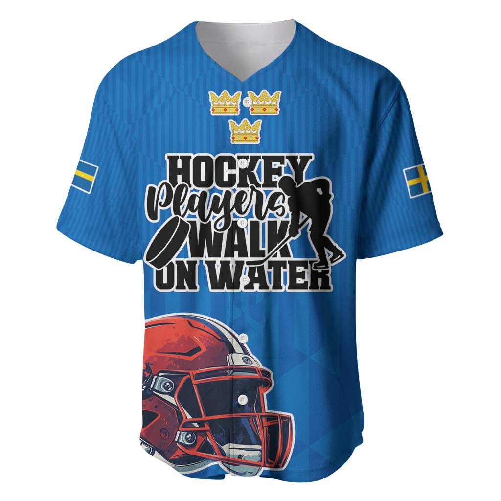 Blue hockey baseball jersey with crown graphic and goalie helmet print