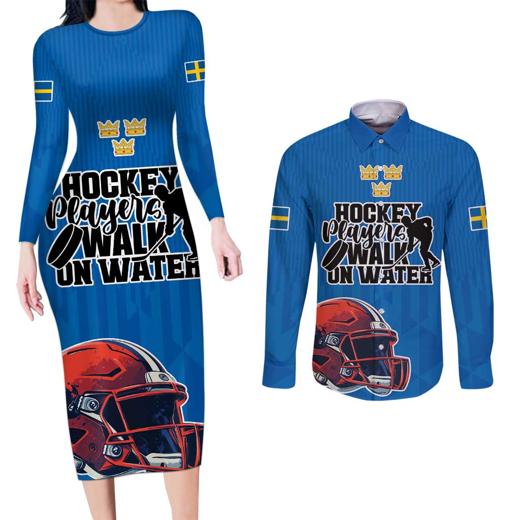 Custom Sweden Ice Hokey Go Champions Couples Matching Long Sleeve Bodycon Dress and Long Sleeve Button Shirt Blue Style