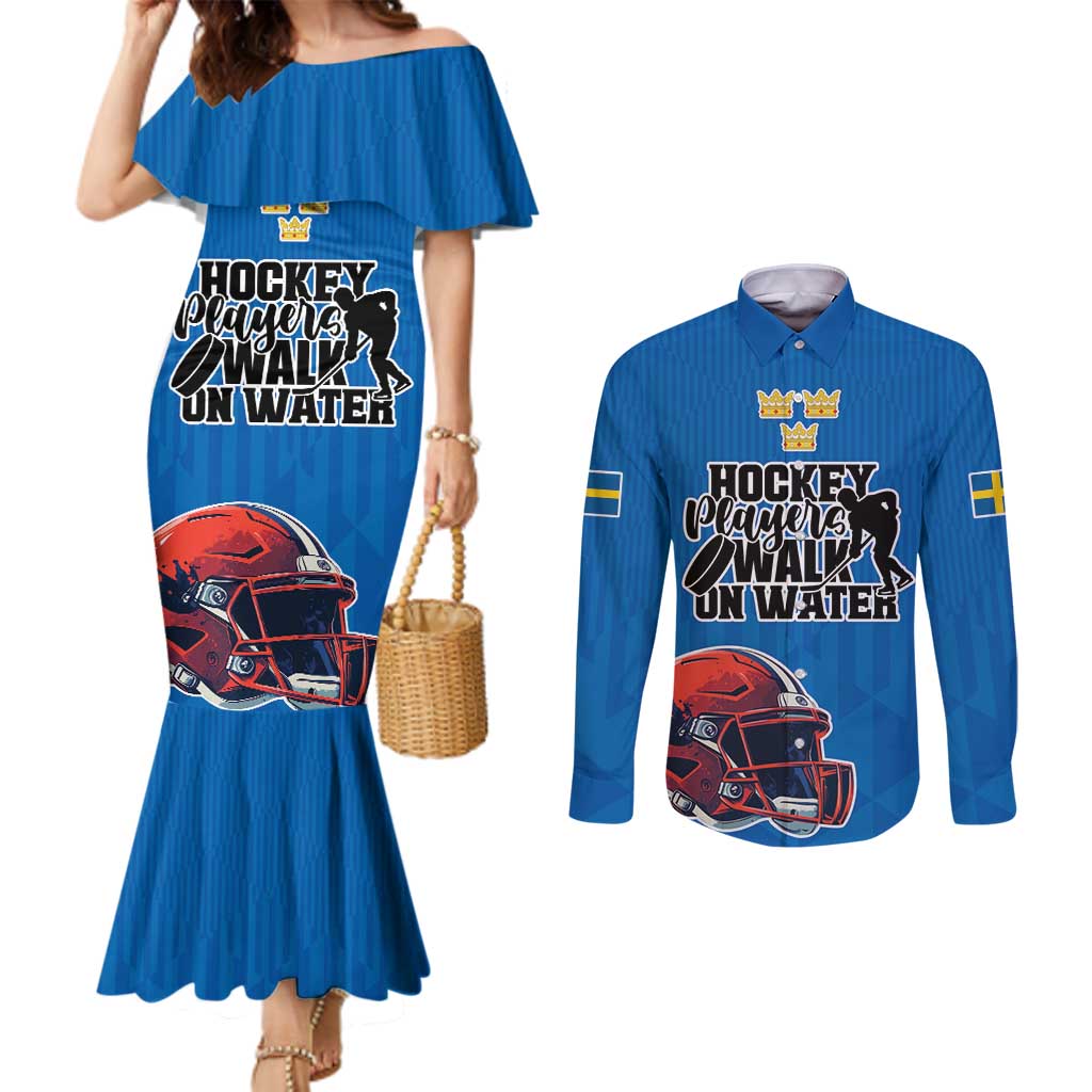 Custom Sweden Ice Hokey Go Champions Couples Matching Mermaid Dress and Long Sleeve Button Shirt Blue Style