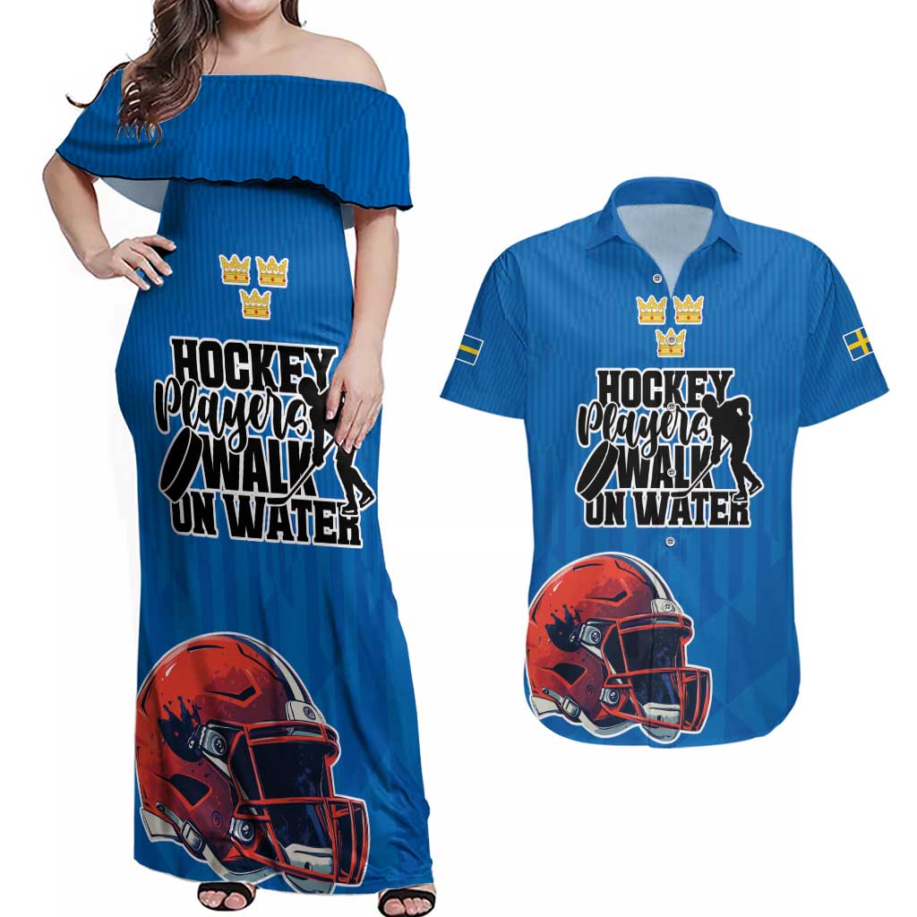 Custom Sweden Ice Hokey Go Champions Couples Matching Off Shoulder Maxi Dress and Hawaiian Shirt Blue Style