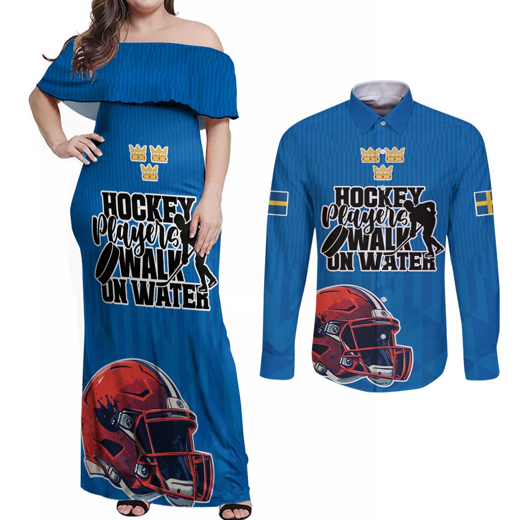 Custom Sweden Ice Hokey Go Champions Couples Matching Off Shoulder Maxi Dress and Long Sleeve Button Shirt Blue Style