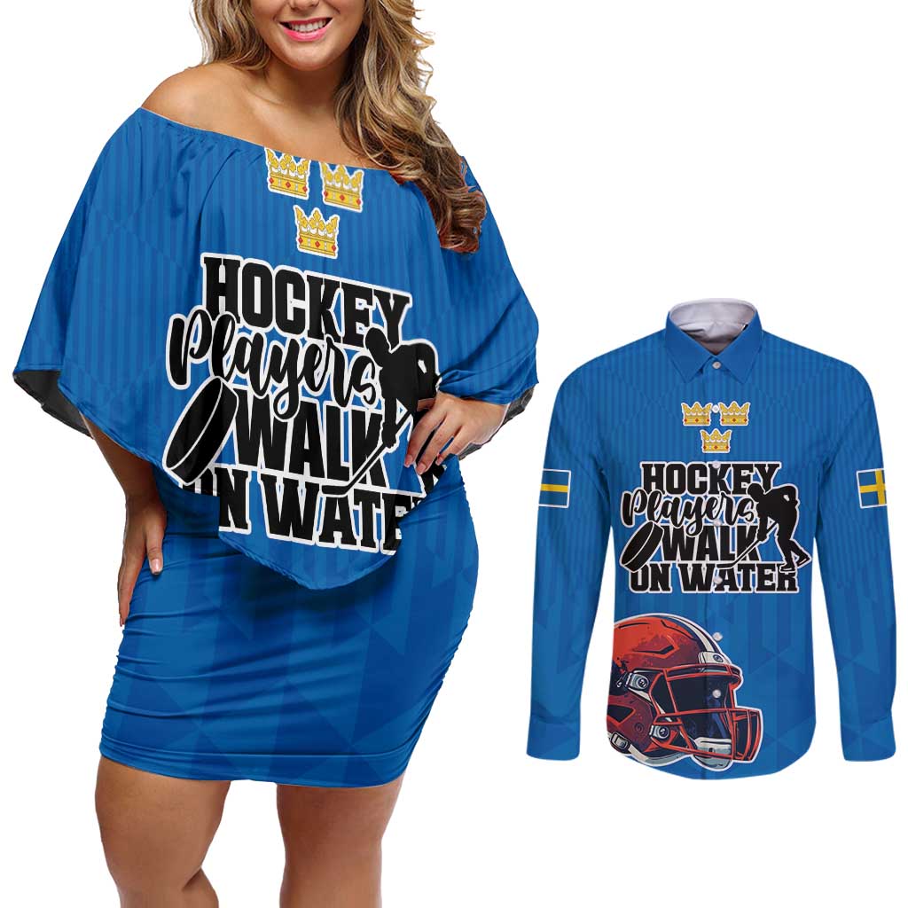 Custom Sweden Ice Hokey Go Champions Couples Matching Off Shoulder Short Dress and Long Sleeve Button Shirt Blue Style