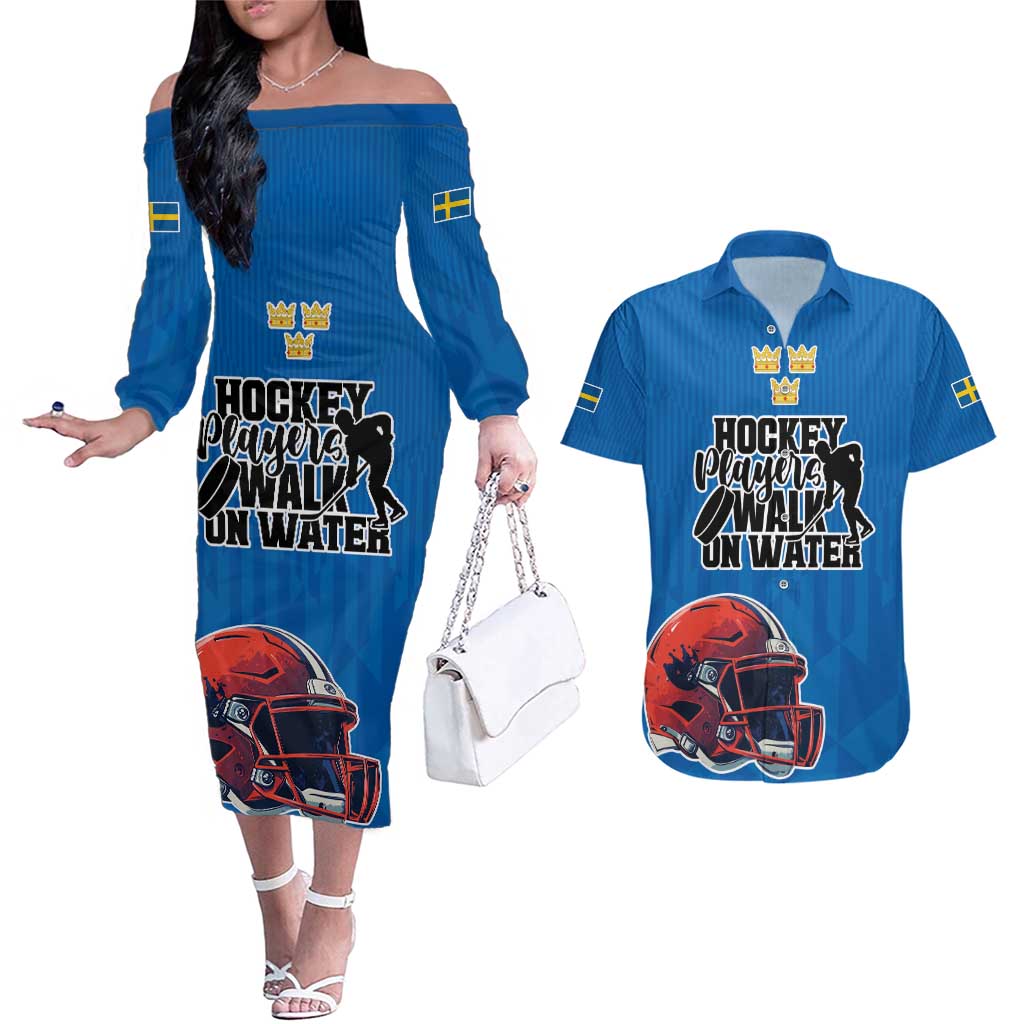 Custom Sweden Ice Hokey Go Champions Couples Matching Off The Shoulder Long Sleeve Dress and Hawaiian Shirt Blue Style