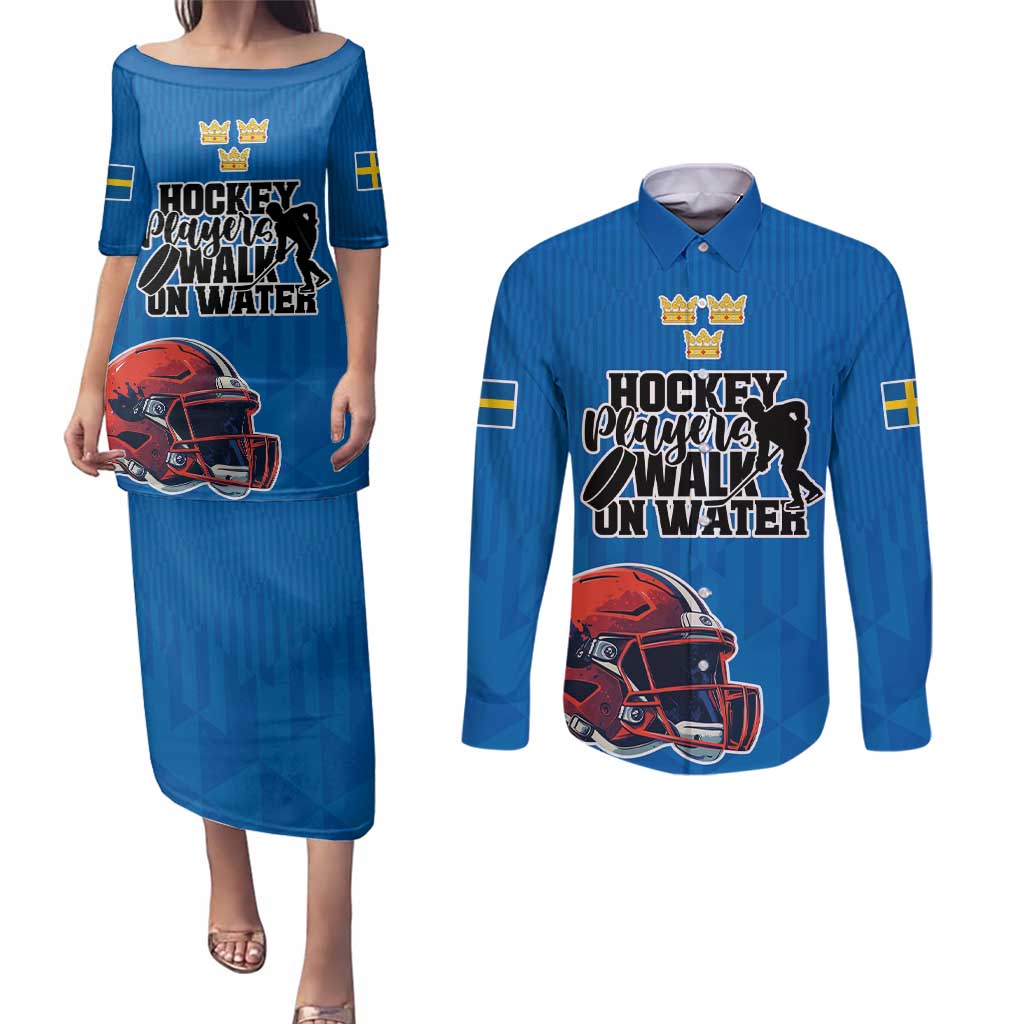 Custom Sweden Ice Hokey Go Champions Couples Matching Puletasi and Long Sleeve Button Shirt Blue Style