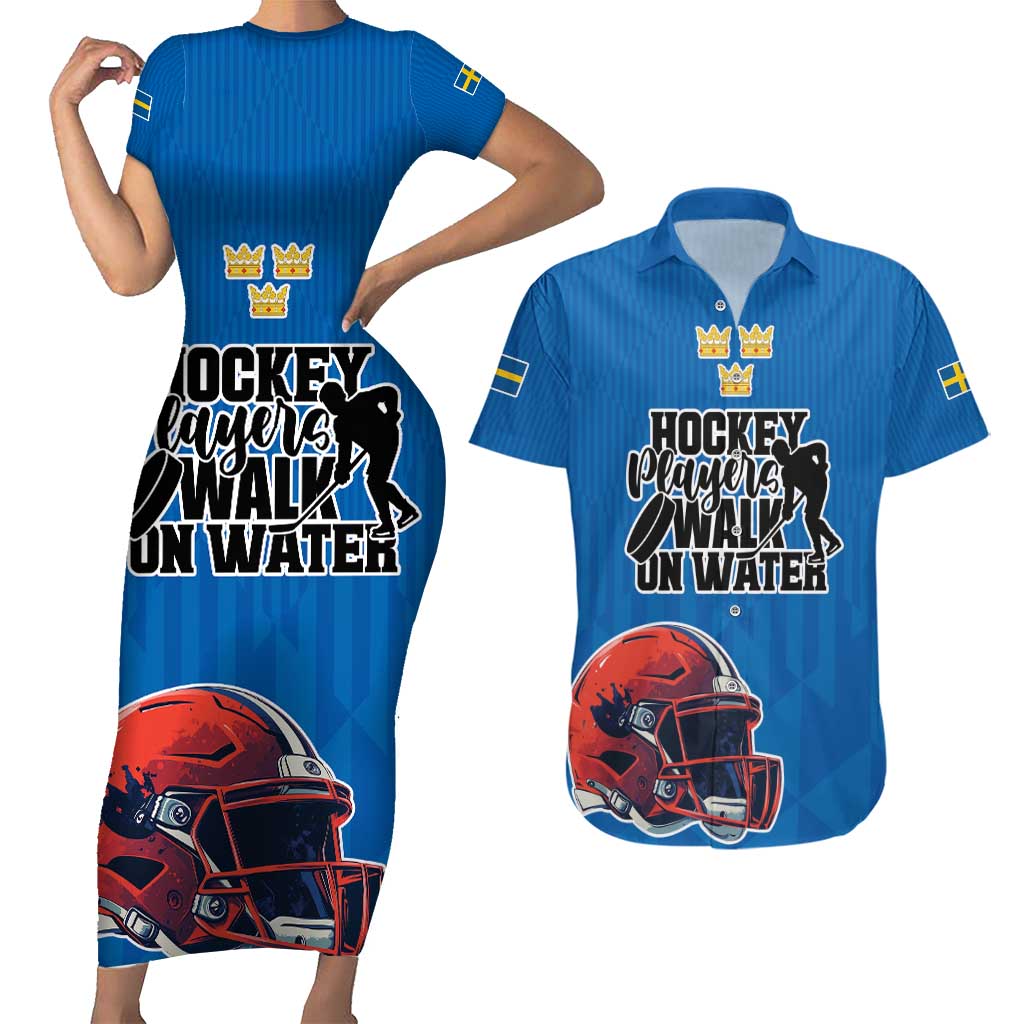 Custom Sweden Ice Hokey Go Champions Couples Matching Short Sleeve Bodycon Dress and Hawaiian Shirt Blue Style