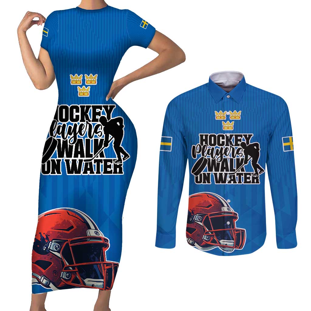 Custom Sweden Ice Hokey Go Champions Couples Matching Short Sleeve Bodycon Dress and Long Sleeve Button Shirt Blue Style