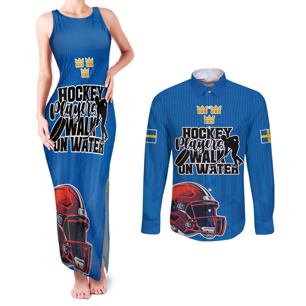 Custom Sweden Ice Hokey Go Champions Couples Matching Tank Maxi Dress and Long Sleeve Button Shirt Blue Style