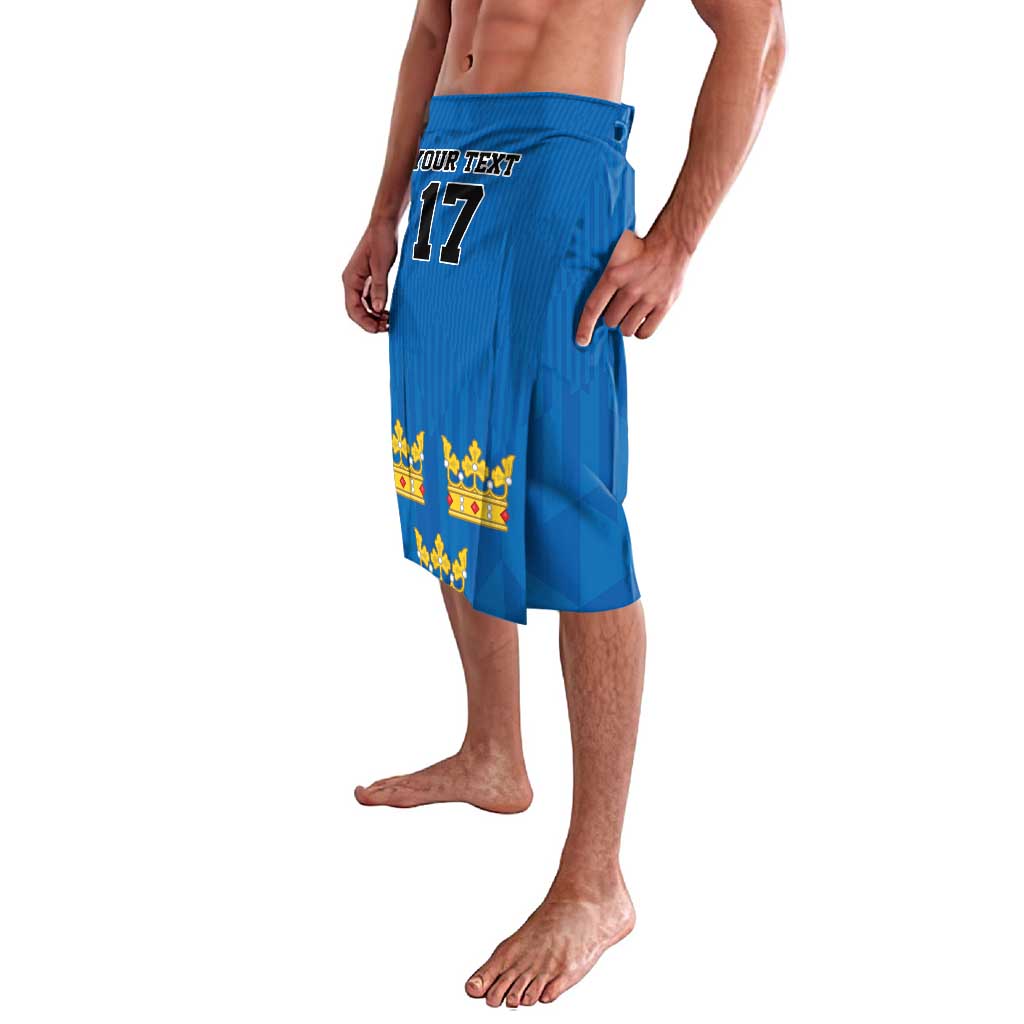 Blue lavalava-style sports skirt with side crest and 'YOUR TEXT' number 17