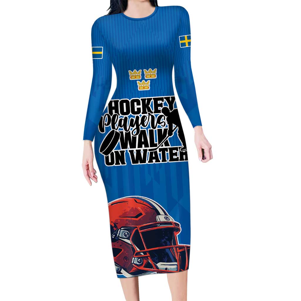 Custom Sweden Ice Hokey Go Champions Long Sleeve Bodycon Dress Blue Style