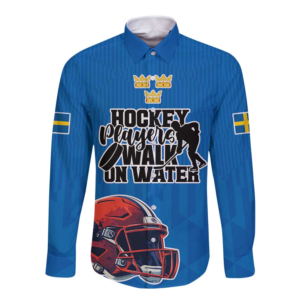 Custom Sweden Ice Hokey Go Champions Long Sleeve Button Shirt Blue Style