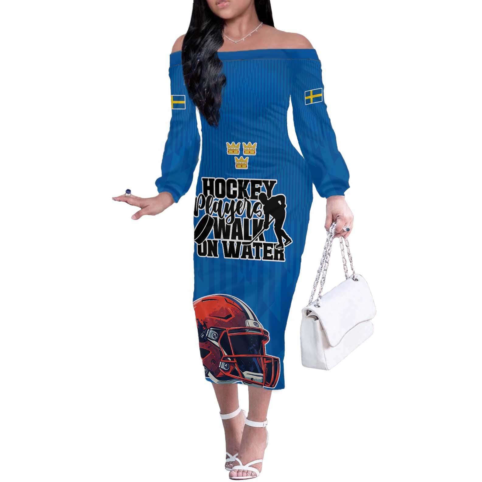 Custom Sweden Ice Hokey Go Champions Off The Shoulder Long Sleeve Dress Blue Style