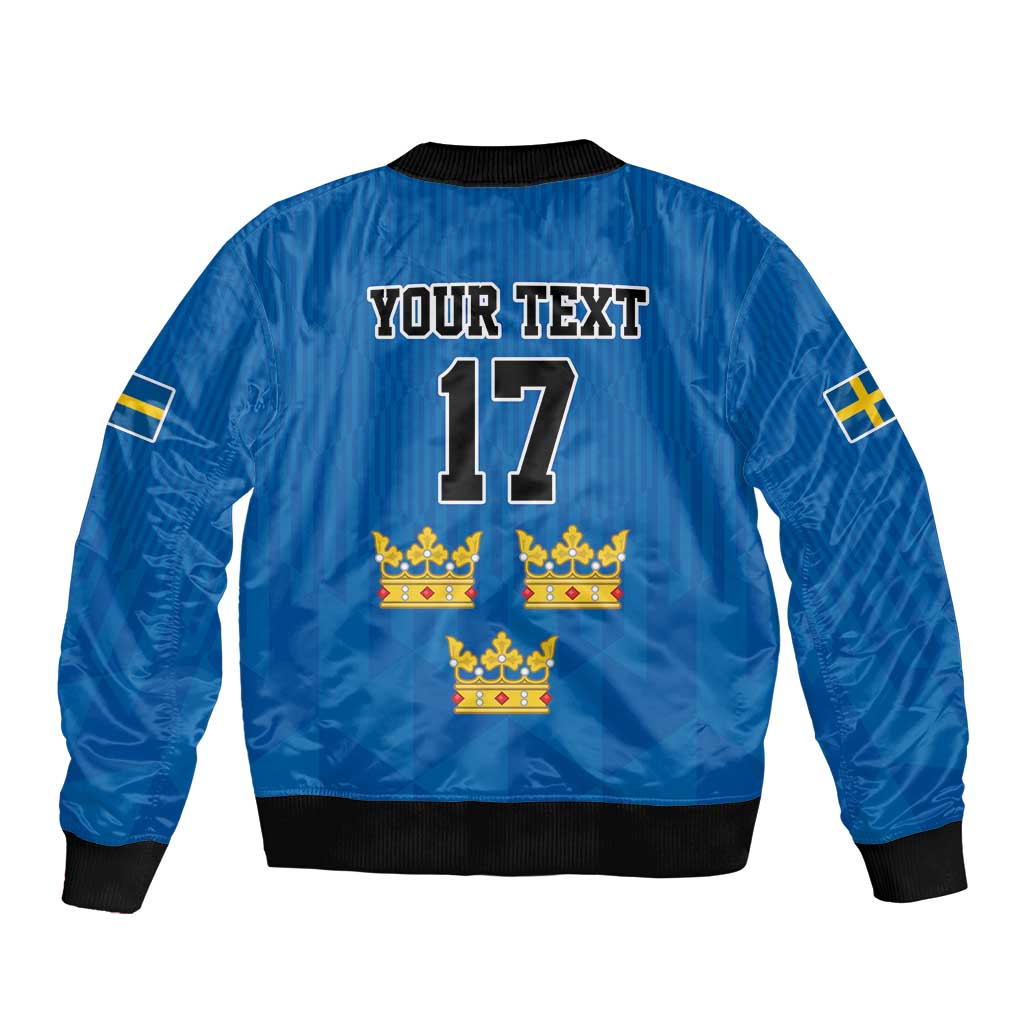 Blue zip bomber jacket back with YOUR TEXT 17 and Swedish flag sleeve patches.