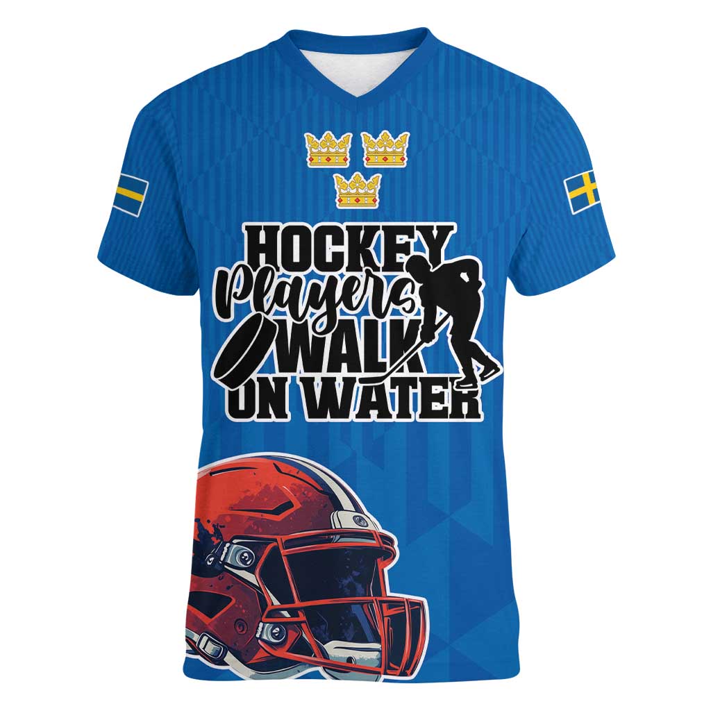 Custom Sweden Ice Hokey Go Champions Women V-Neck T-Shirt Blue Style