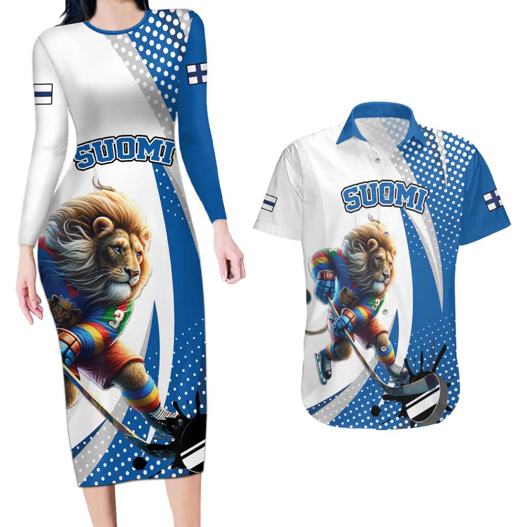 Custom Finland Ice Hockey Go Champions Couples Matching Long Sleeve Bodycon Dress and Hawaiian Shirt Suomi Leijonat Sporty Style