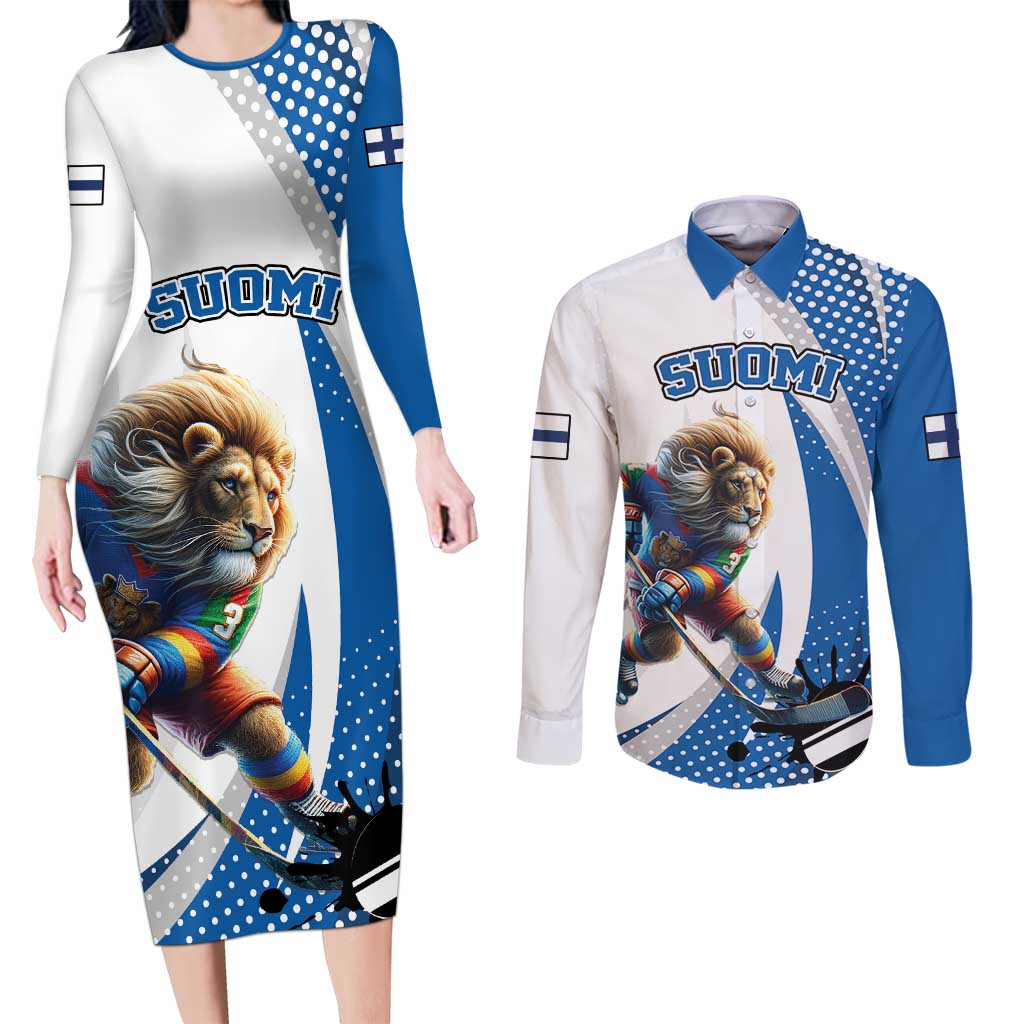 Custom Finland Ice Hockey Go Champions Couples Matching Long Sleeve Bodycon Dress and Long Sleeve Button Shirt Suomi Leijonat Sporty Style