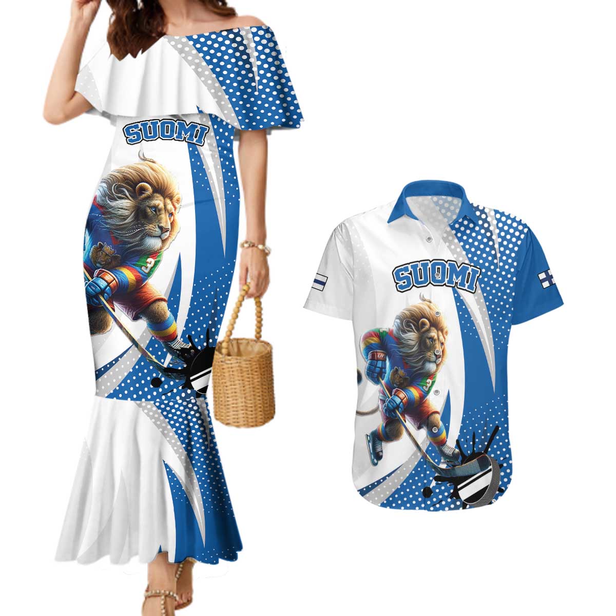 Custom Finland Ice Hockey Go Champions Couples Matching Mermaid Dress and Hawaiian Shirt Suomi Leijonat Sporty Style