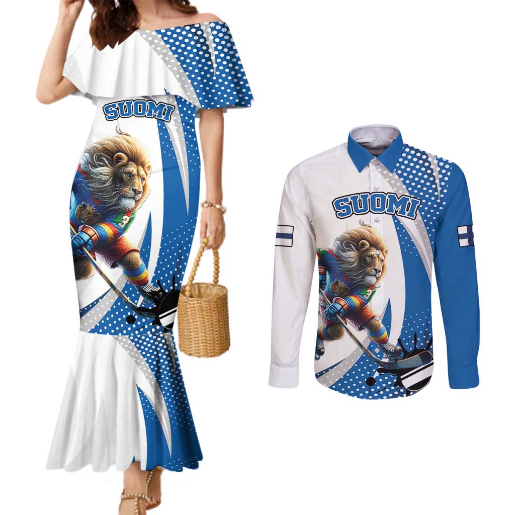 Custom Finland Ice Hockey Go Champions Couples Matching Mermaid Dress and Long Sleeve Button Shirt Suomi Leijonat Sporty Style