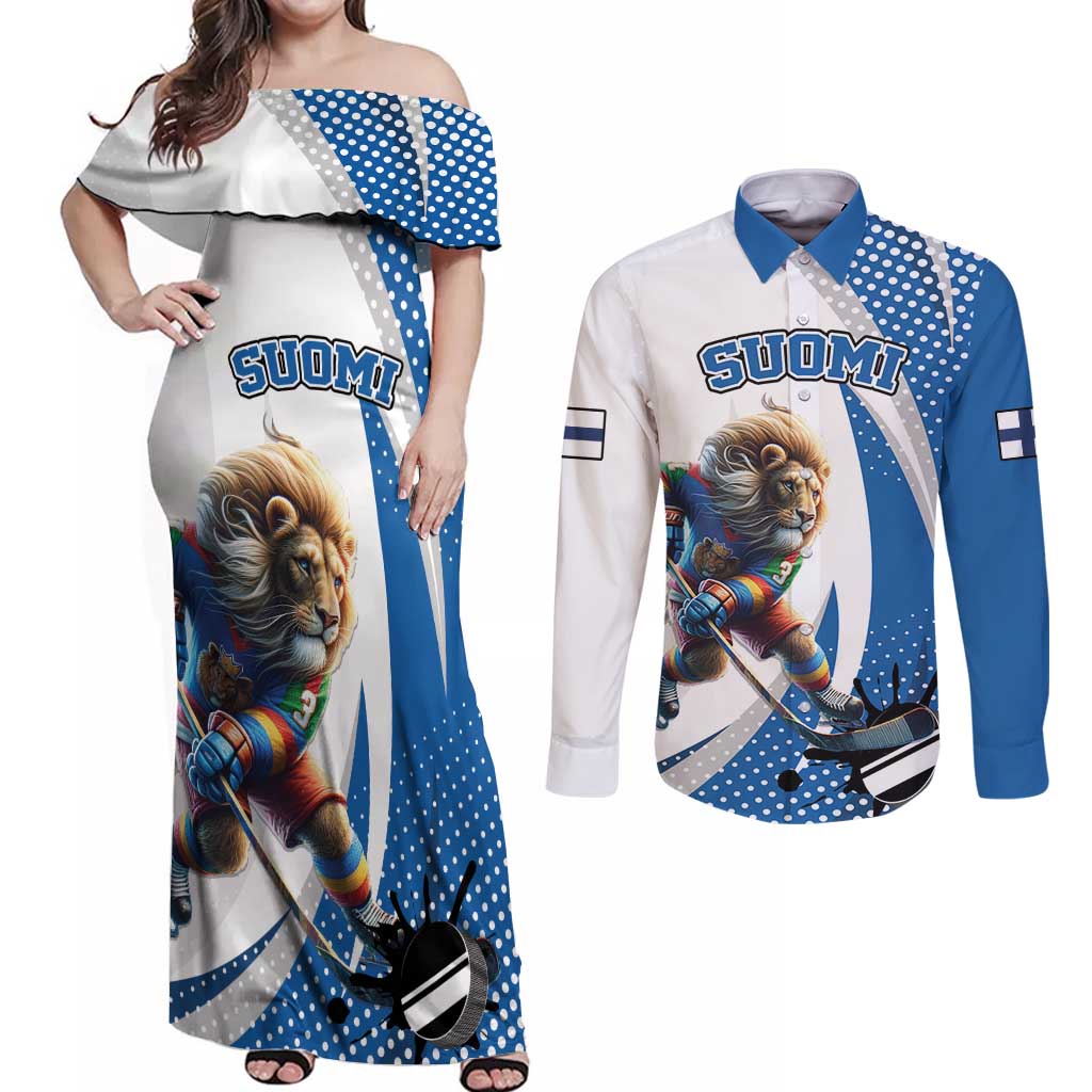 Custom Finland Ice Hockey Go Champions Couples Matching Off Shoulder Maxi Dress and Long Sleeve Button Shirt Suomi Leijonat Sporty Style