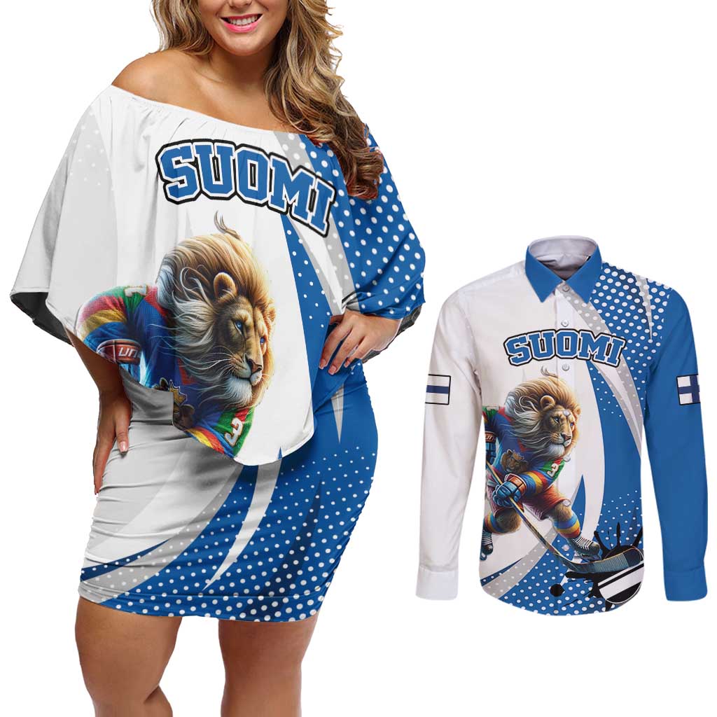 Custom Finland Ice Hockey Go Champions Couples Matching Off Shoulder Short Dress and Long Sleeve Button Shirt Suomi Leijonat Sporty Style