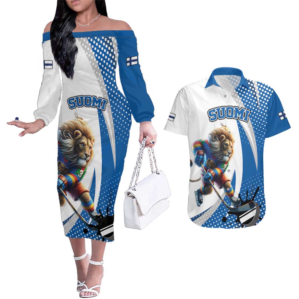 Custom Finland Ice Hockey Go Champions Couples Matching Off The Shoulder Long Sleeve Dress and Hawaiian Shirt Suomi Leijonat Sporty Style