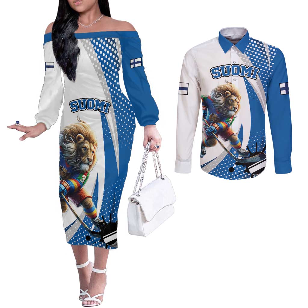 Custom Finland Ice Hockey Go Champions Couples Matching Off The Shoulder Long Sleeve Dress and Long Sleeve Button Shirt Suomi Leijonat Sporty Style