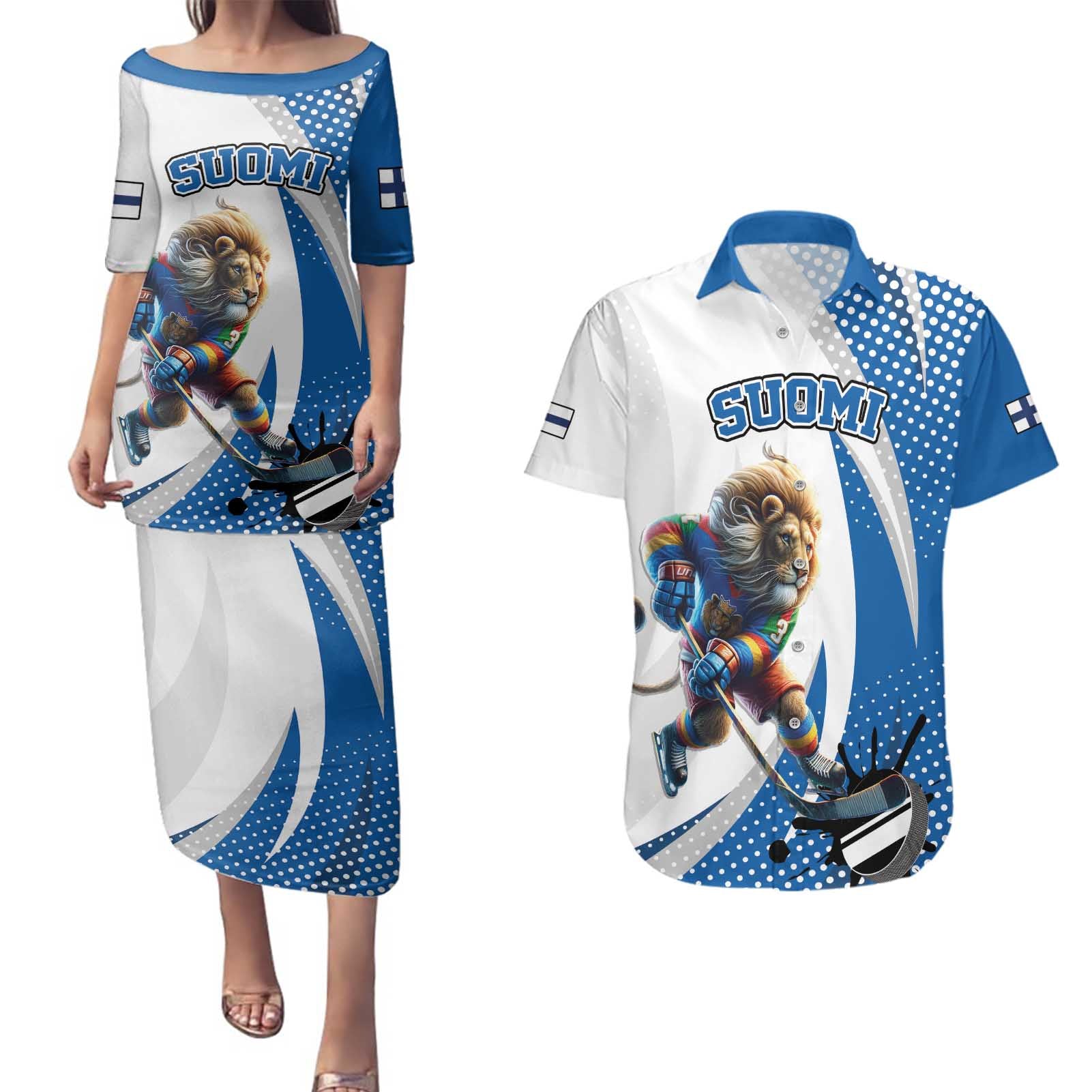 Custom Finland Ice Hockey Go Champions Couples Matching Puletasi and Hawaiian Shirt Suomi Leijonat Sporty Style