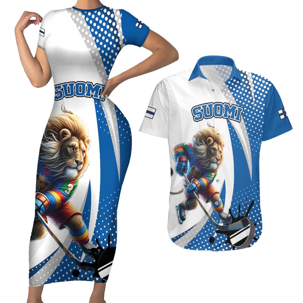 Custom Finland Ice Hockey Go Champions Couples Matching Short Sleeve Bodycon Dress and Hawaiian Shirt Suomi Leijonat Sporty Style