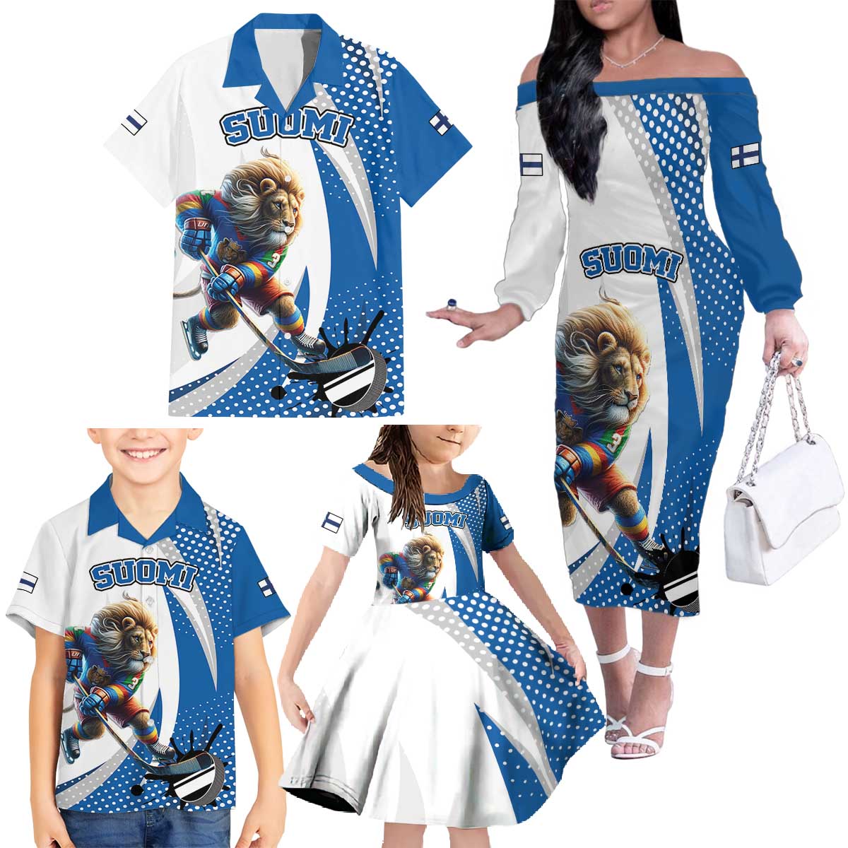 Custom Finland Ice Hockey Go Champions Family Matching Off The Shoulder Long Sleeve Dress and Hawaiian Shirt Suomi Leijonat Sporty Style