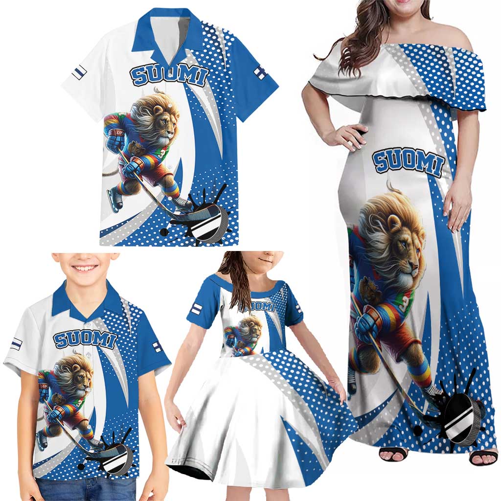 Custom Finland Ice Hockey Go Champions Family Matching Off Shoulder Maxi Dress and Hawaiian Shirt Suomi Leijonat Sporty Style