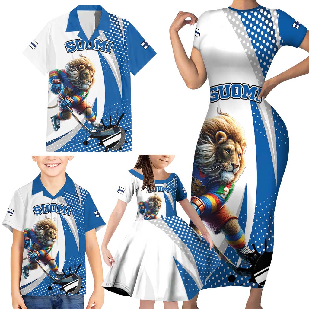 Custom Finland Ice Hockey Go Champions Family Matching Short Sleeve Bodycon Dress and Hawaiian Shirt Suomi Leijonat Sporty Style