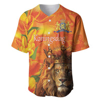 Orange baseball jersey with lion and crown graphic, Koningsdag print, tulip accents