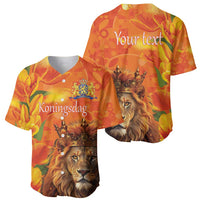 Two orange baseball jerseys: Koningsdag front with lion, Your text back