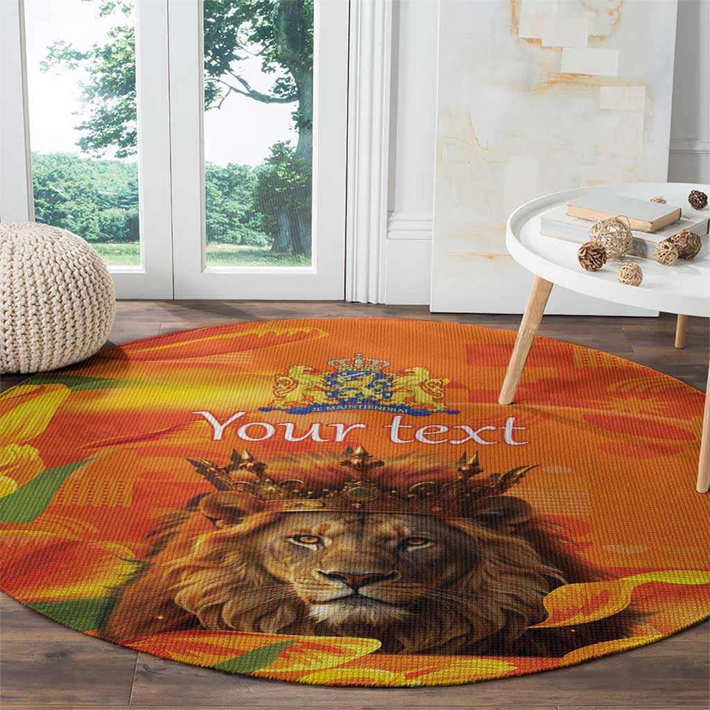 Round orange carpet with lion face, crest and tulip graphics, custom text