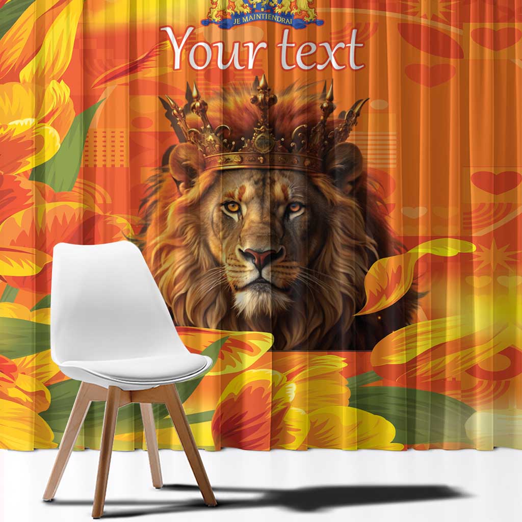 Orange curtain panel with lion portrait and tulips, showing custom text