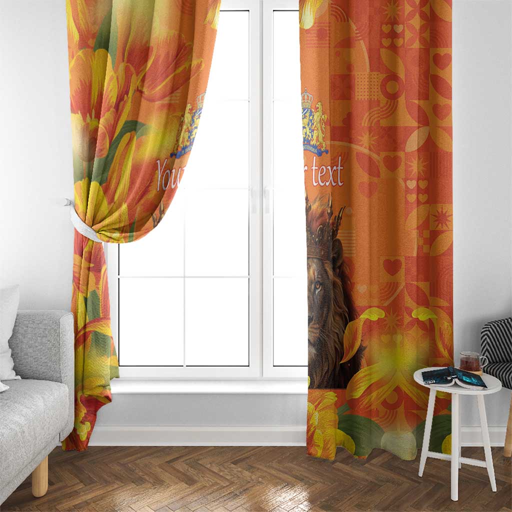 Orange window curtains with lion and tulips, custom text on curtain panel