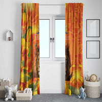 Pair of orange curtains with lion and tulip graphics and custom text