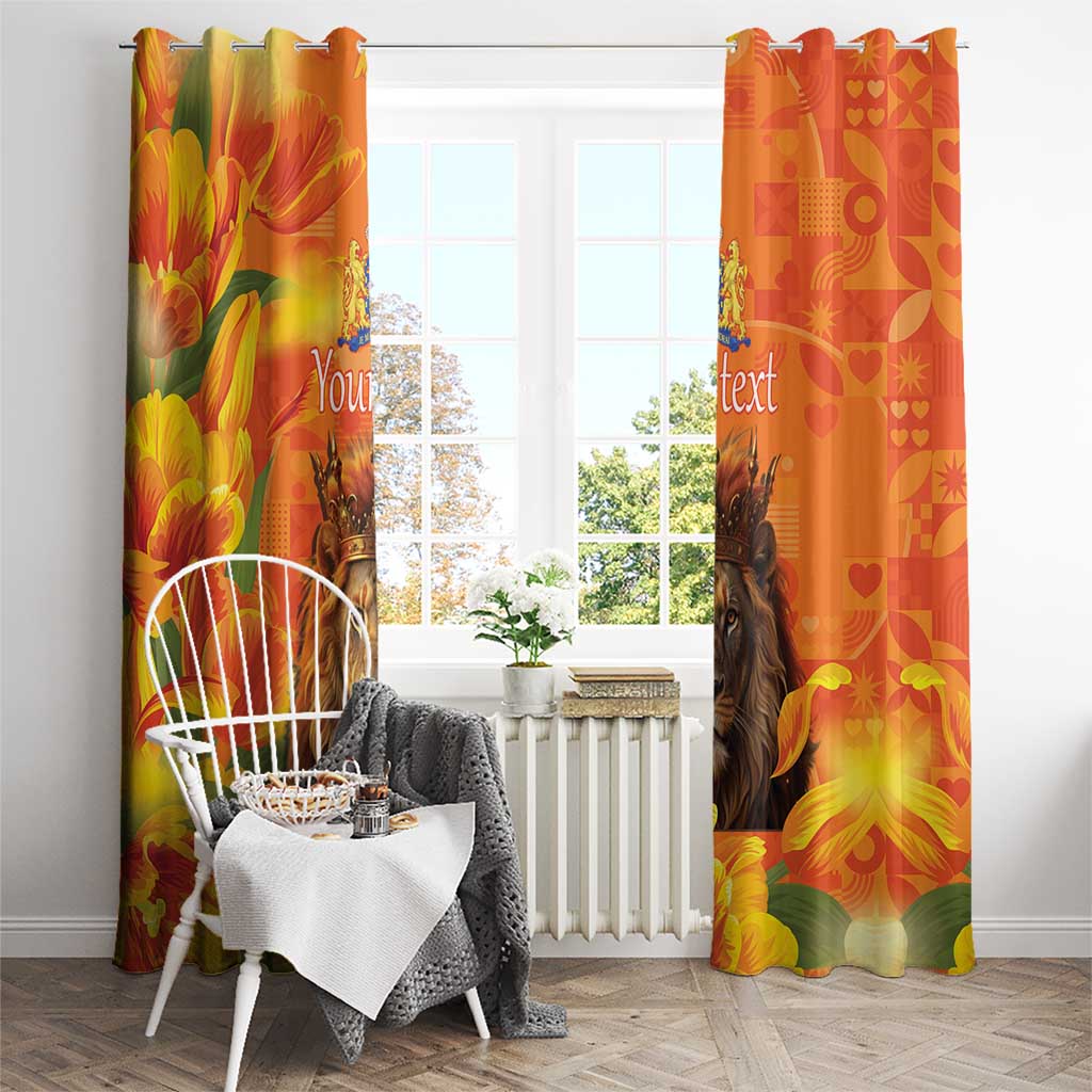 Orange window curtains with lion and tulips artwork and custom text, full panels