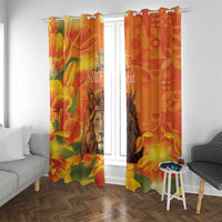 Orange lion and tulip curtains with custom text, two panels with top rings