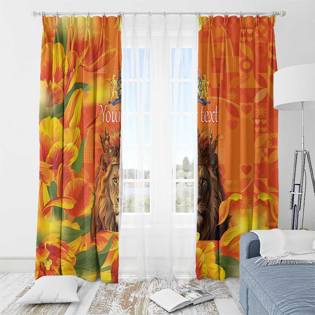 Orange lion and tulip window curtains with custom text, hanging on rod
