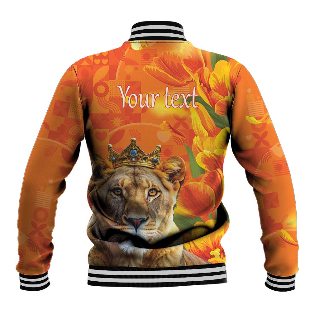 Orange baseball jacket back with lion face, crown, and “Your text”, striped rib trim