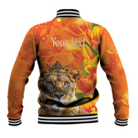 Orange baseball jacket back with lion face, crown, and “Your text”, striped rib trim