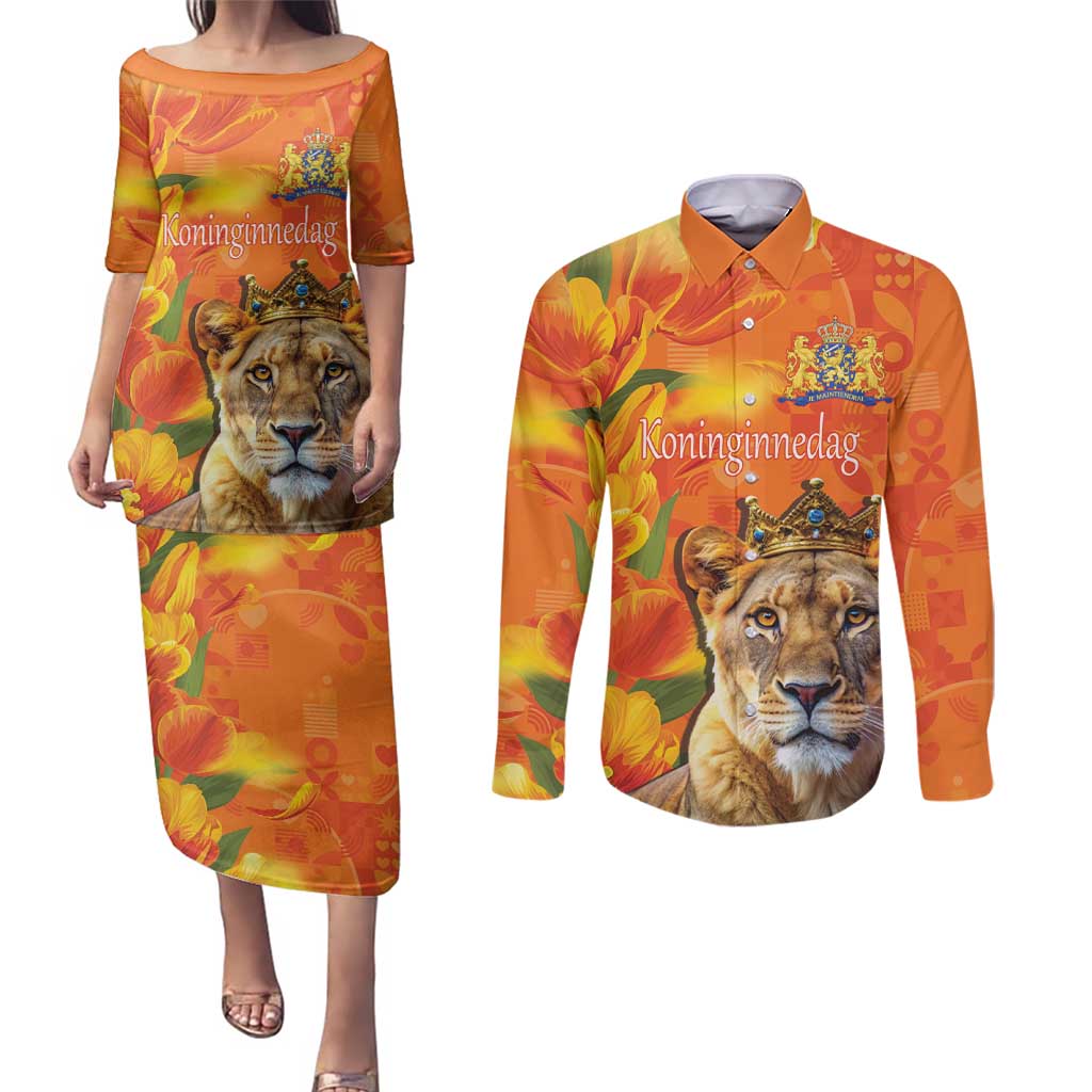 Personalized Netherlands Koninginnedag Couples Matching Puletasi and Long Sleeve Button Shirt 30th April Lioness with Orange Tulip