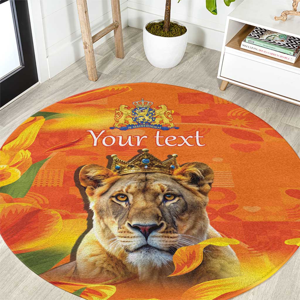 Orange round lioness rug with crown graphic and tulip accents, custom text