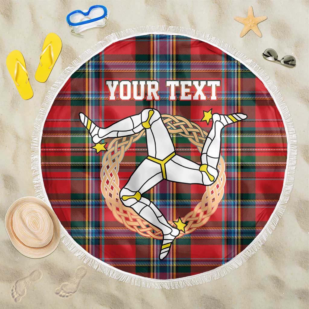Personalized Isle of Man Triskelion Beach Blanket Celtic Knots with Red Tartan
