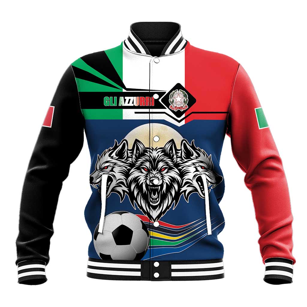 Multicolor football baseball jacket with wolf graphic, soccer ball front, striped ribbed trim